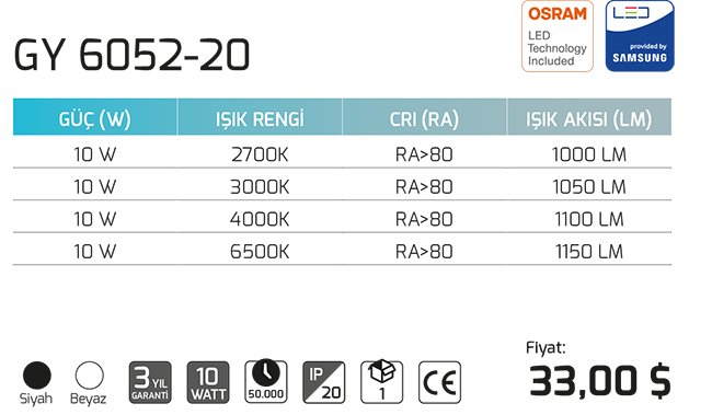 Goya Gy 6052-20 10 Watt Sarkıt Armatür Teknik Cizim